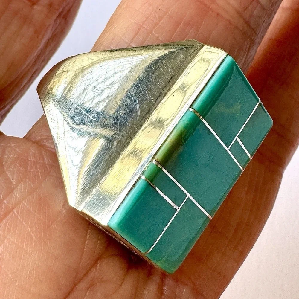 Navajo Turquoise Mens‎ Ring Sz 11 Signed WG Sterling Inlay Rect Native American